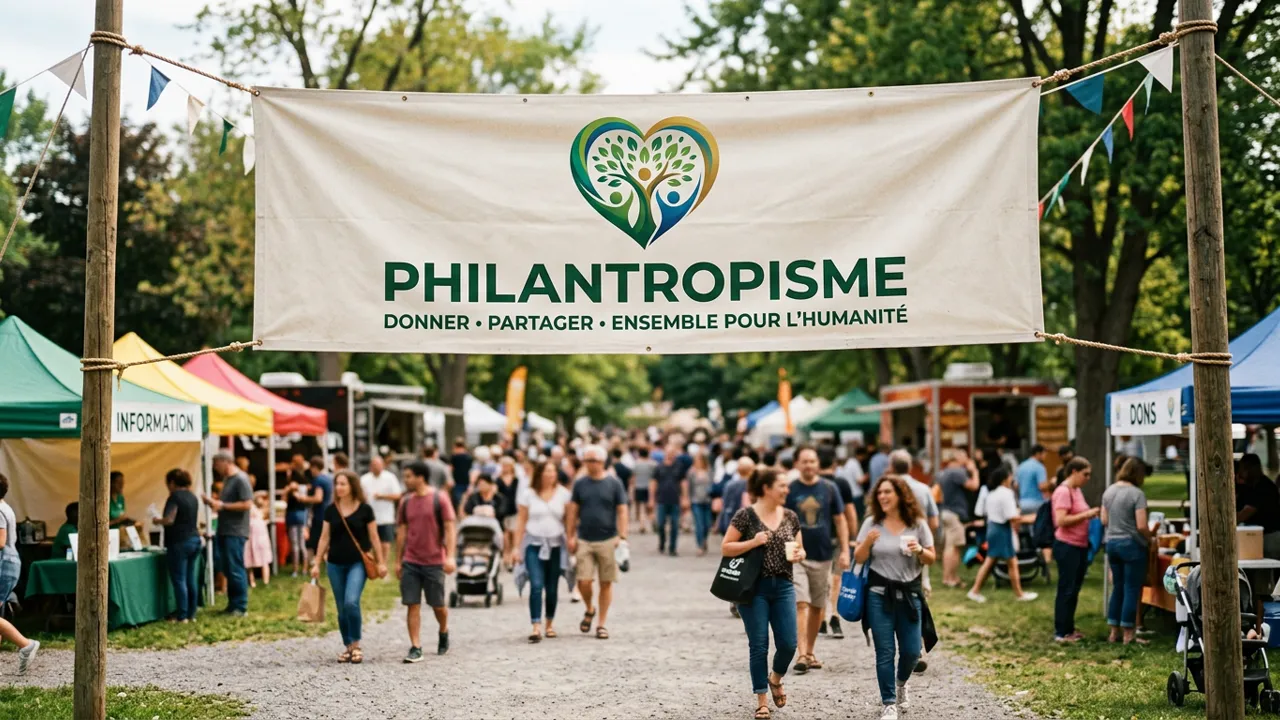 Bannière institutionnelle et stand de diffusion des ressources éducatives de PHILANTROPISME